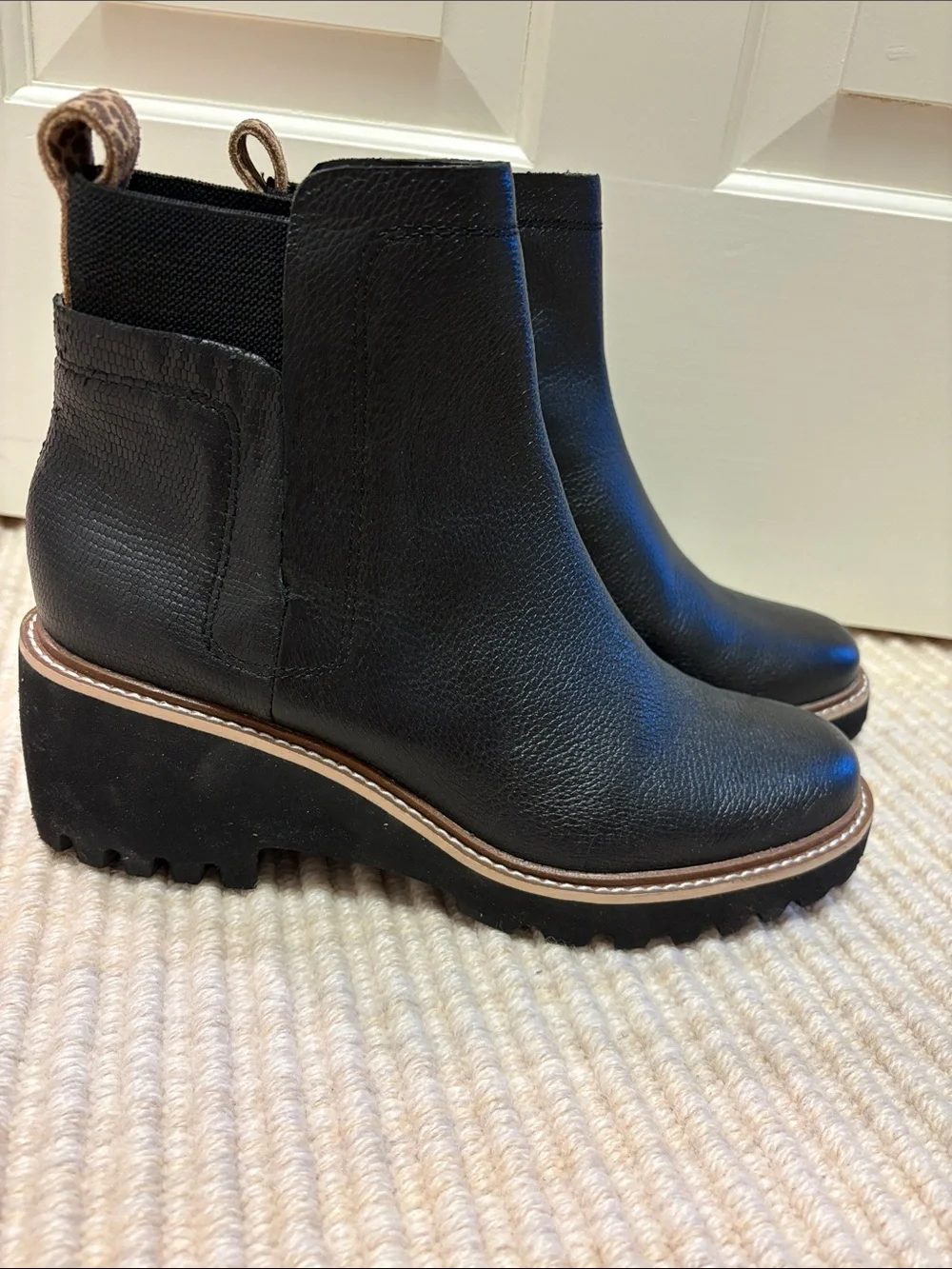 Dolce Vita Black Leather Chelsea Booties with Leopard Pull Tab